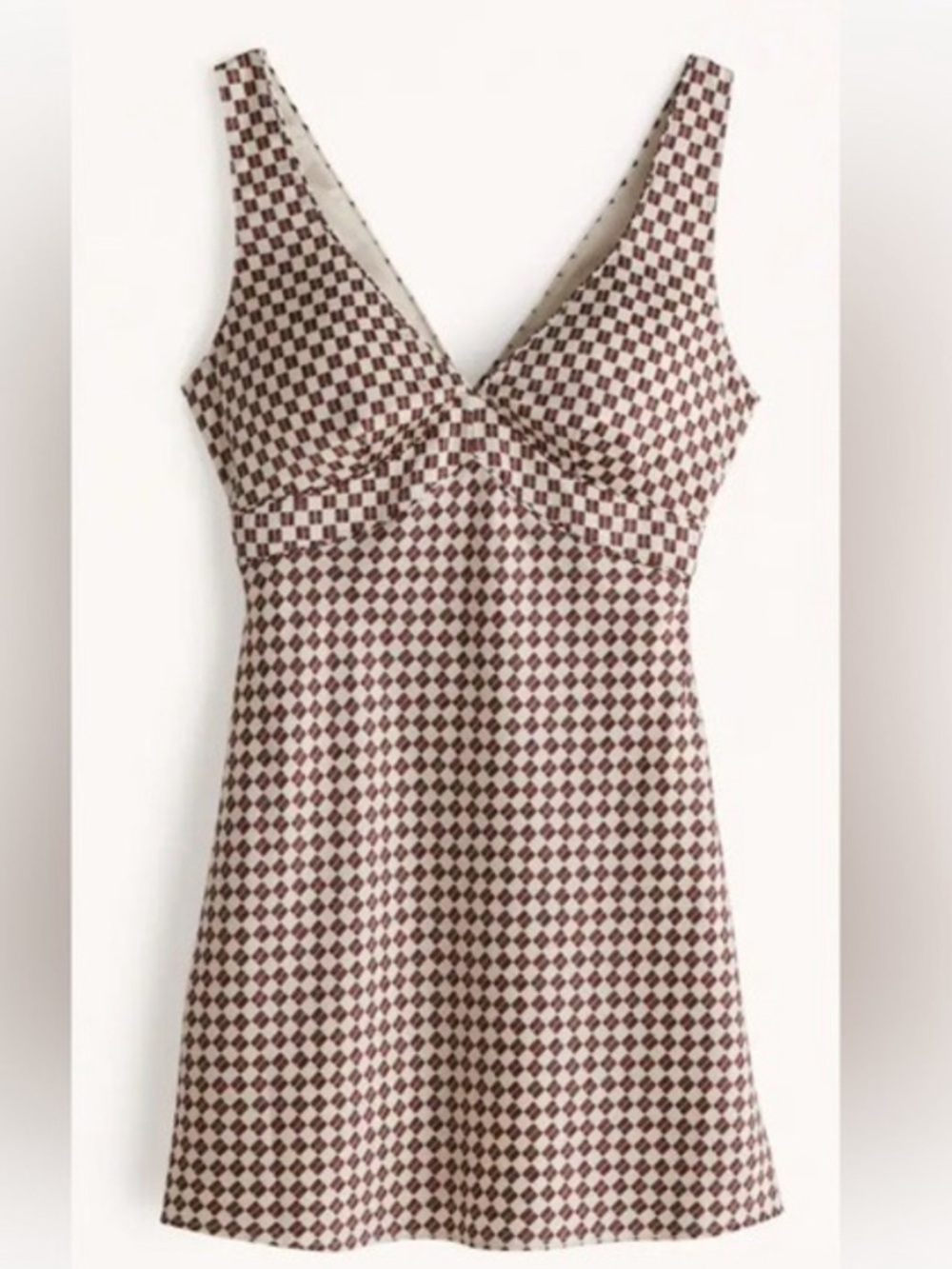 Abercrombie & Fitch Brown Checkered Satin V-Neck Mini Dress Medium  NWT
